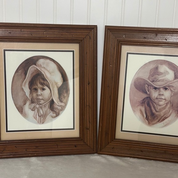 V. Miller Other - Vel Miller Framed Prints Set of 2 Kids Cowboy Bonnet Vintage Western Rustic Art
